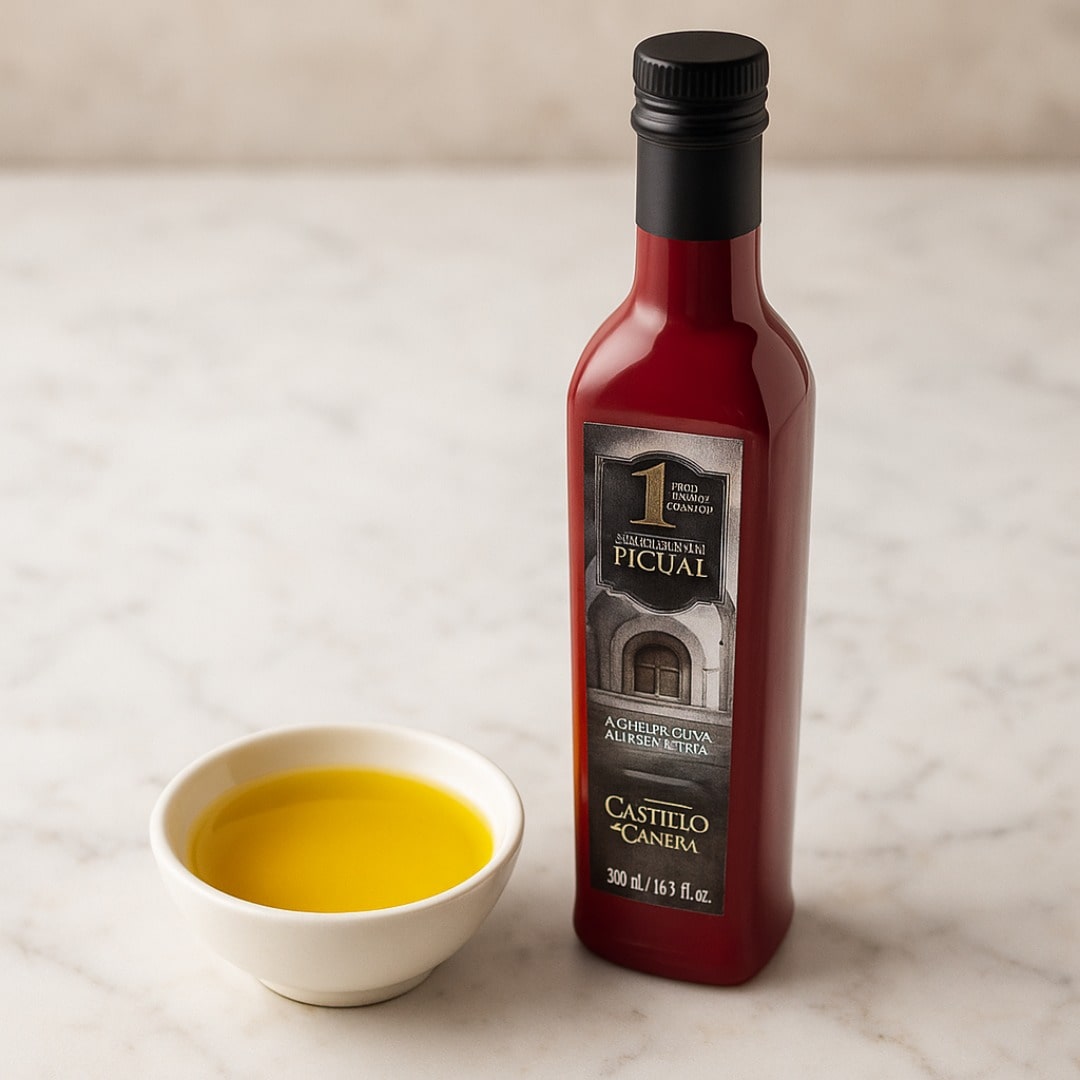 Bottle of Castillo Canena Picual olive oil with a small bowl of oil on a marble surface