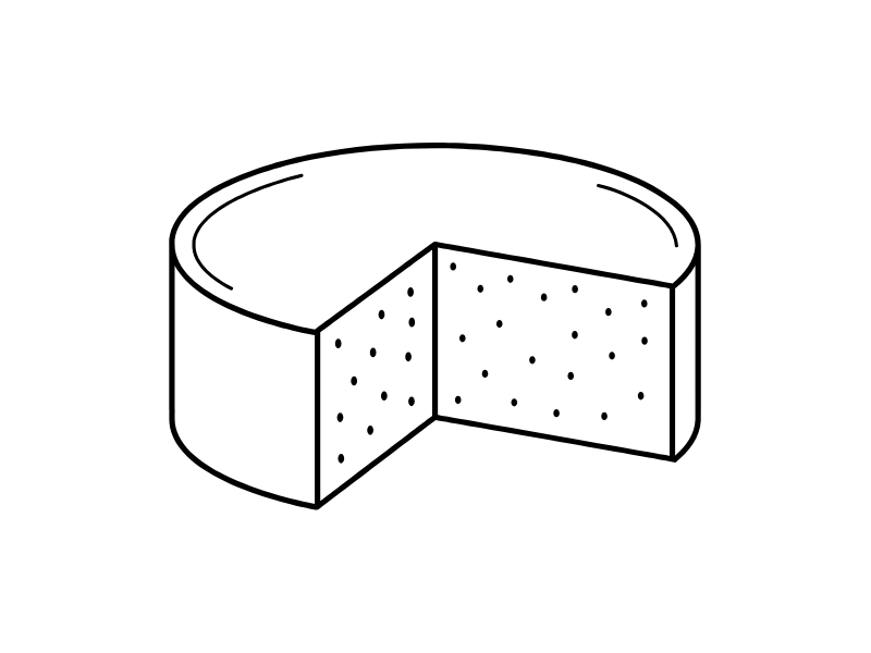 Illustration of a cured cheese with one slice removed on a white background