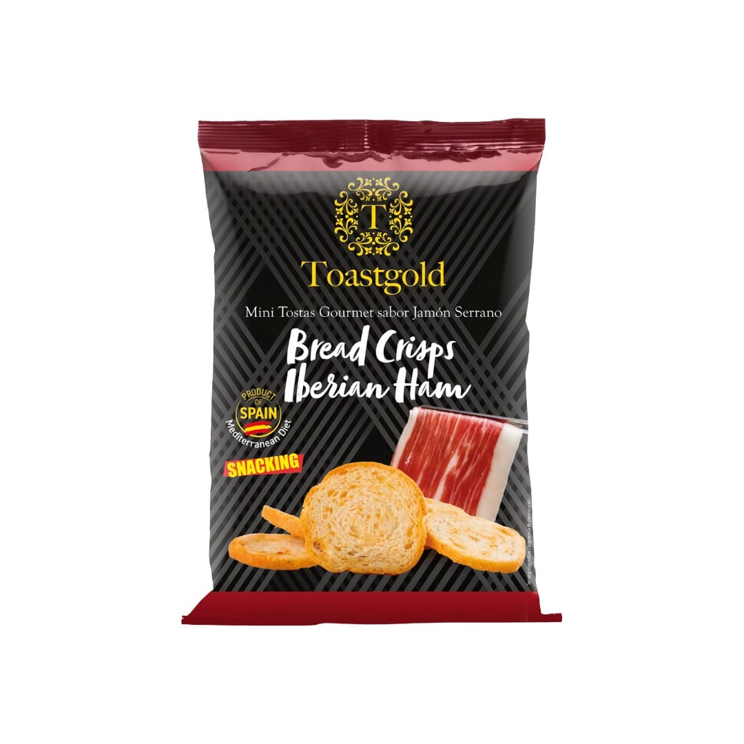 Toastgold Bread Crisps Iberian Ham packaging on a white background