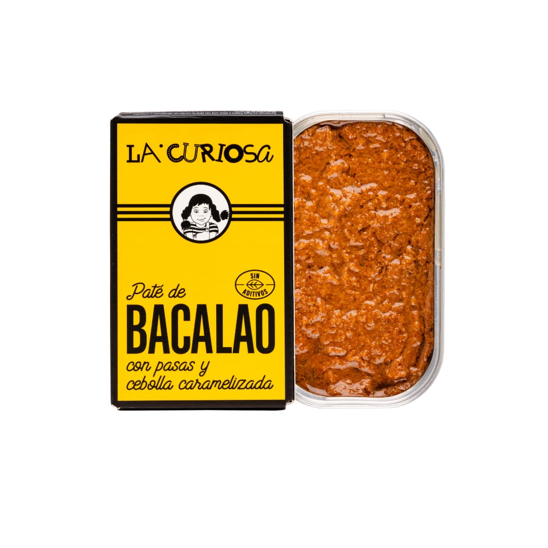 La Curiosa pate de bacalao with yellow label on a white background