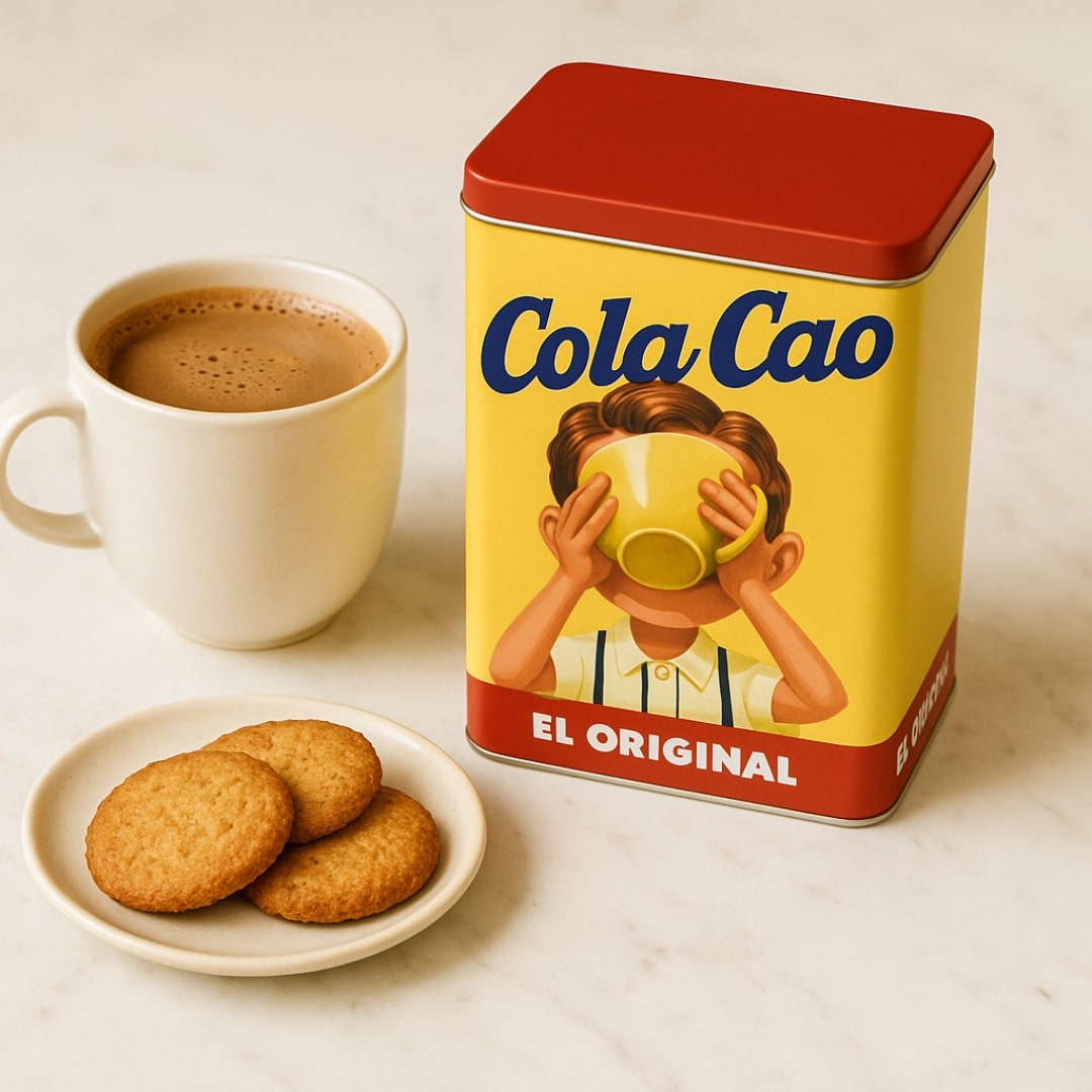 Cola Cao tin with a cup of coffee and cookies on a light surface