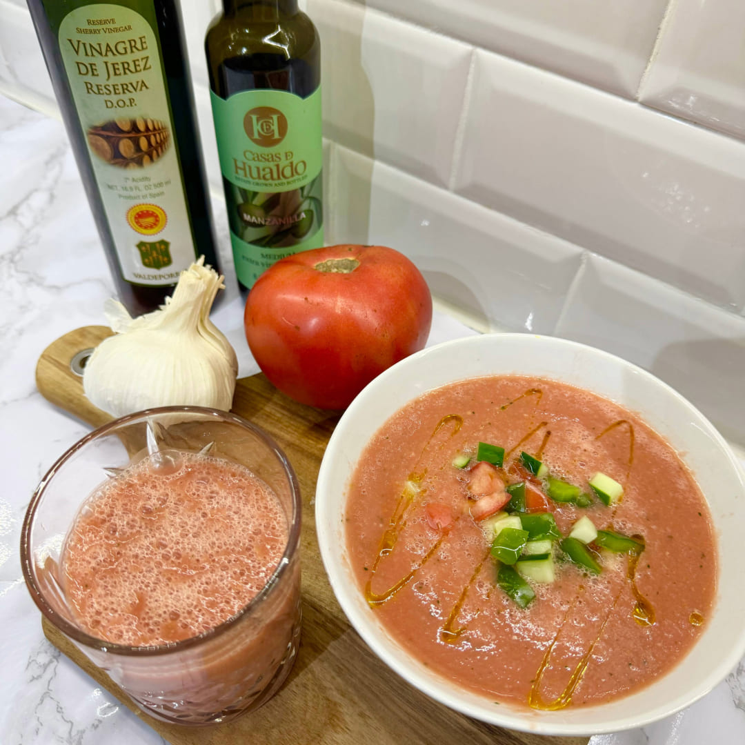 Gazpacho soup with vegetables and olive oil and vinegar