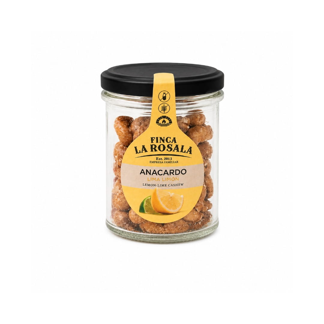 Jar of Finca La Rosala lemon lime cashews on a white background