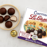 Box of Bolitas de Coco with chocolates on a plate and 'Bolitas de Coco' logo.