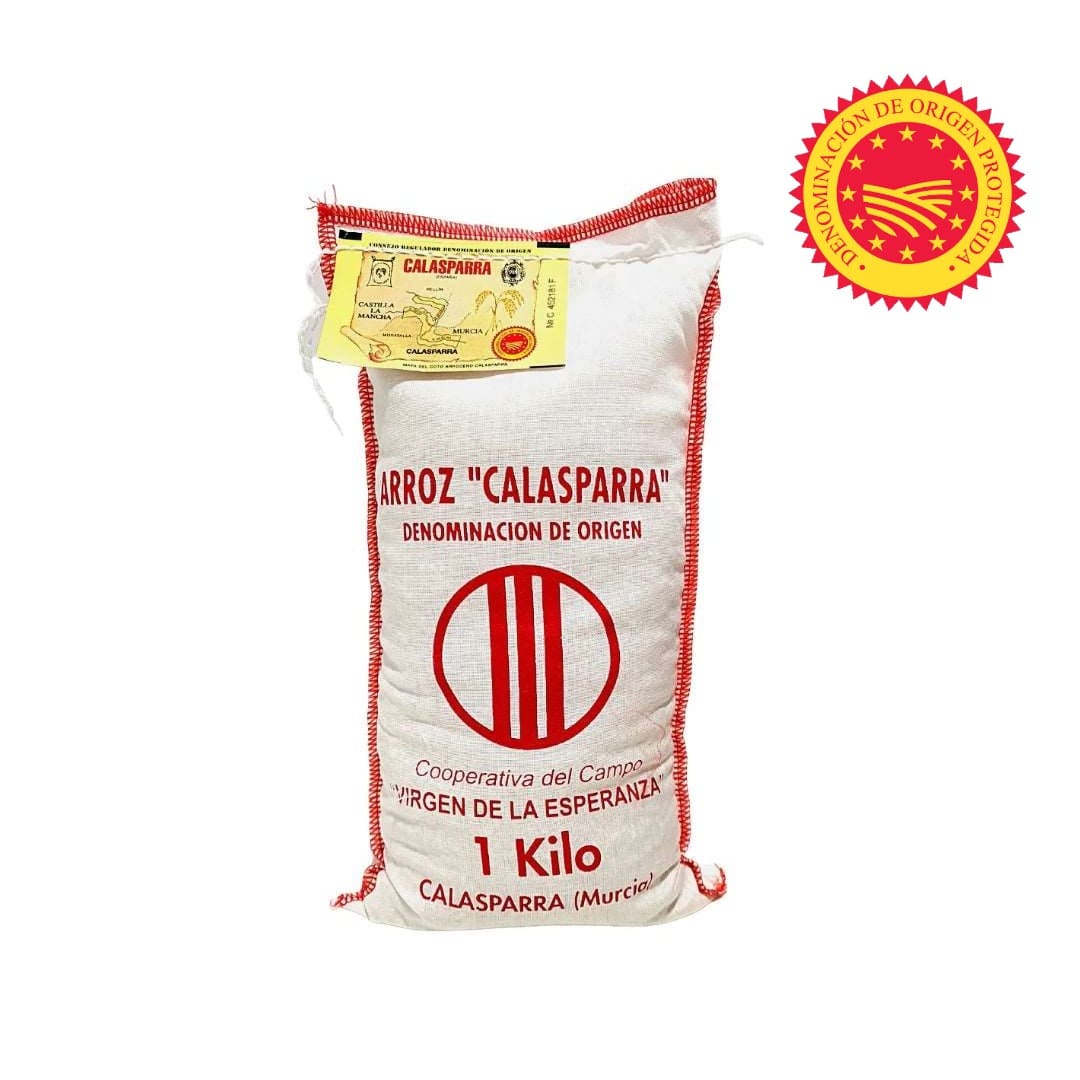 White bag of Arroz Calasparra rice with red text and logo on a white background
