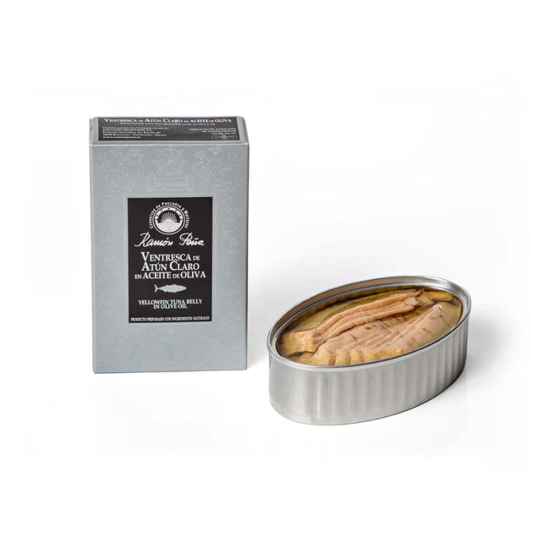 a silver box and a can with Tuna in Olive Oil