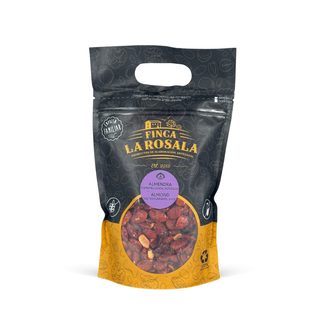 caramelized almonds package of Finca La Rosala almonds on a white background