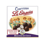 Vintage-style packaging for Confiteria La Estepeña coconut bowls with children illustration.