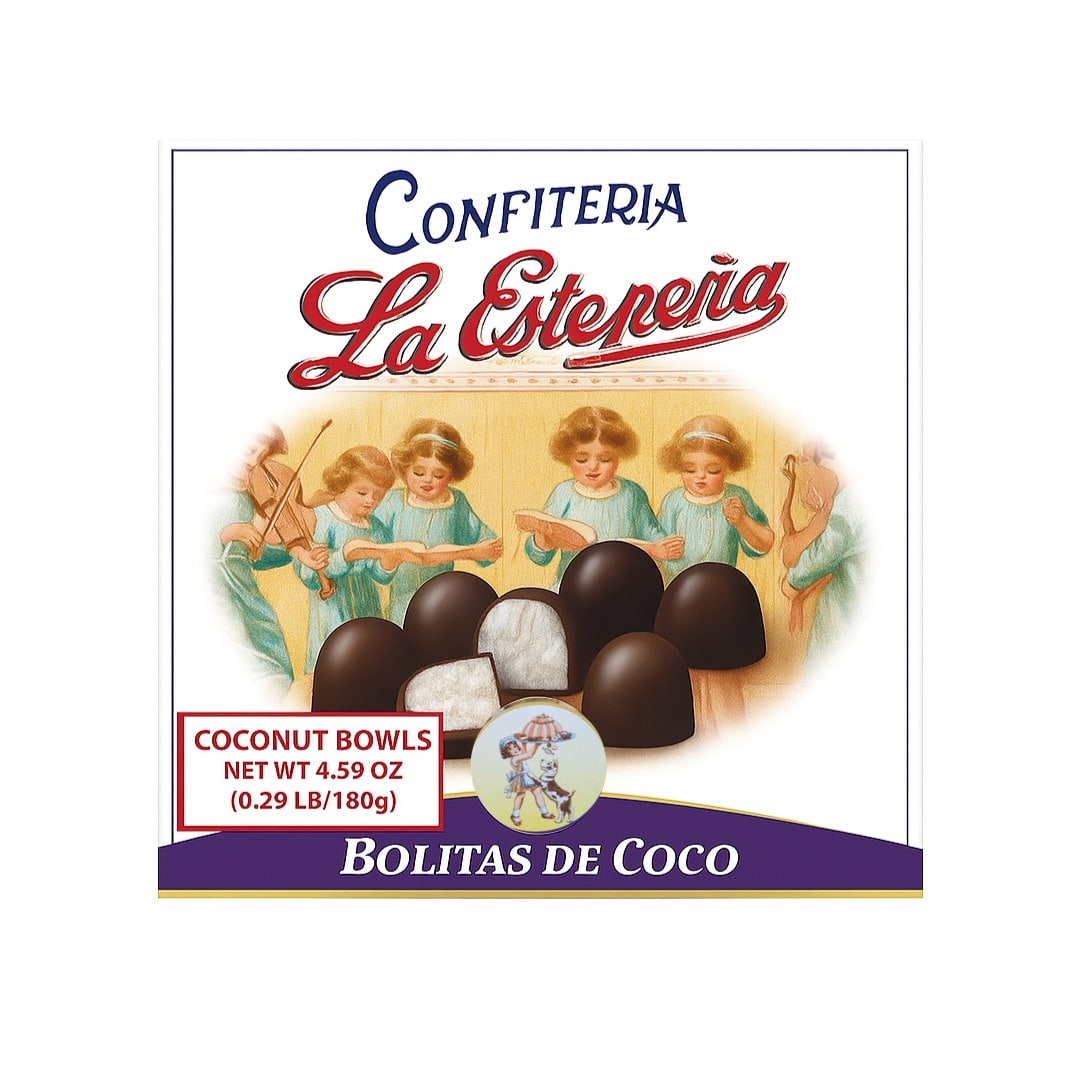 Vintage-style packaging for Confiteria La Estepeña coconut bowls with children illustration.