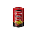 Red can of Olives Serpis Chorizo on a white background