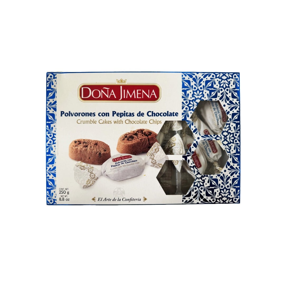Box of Dona Jimena crumble cakes with chocolate chips on a white background