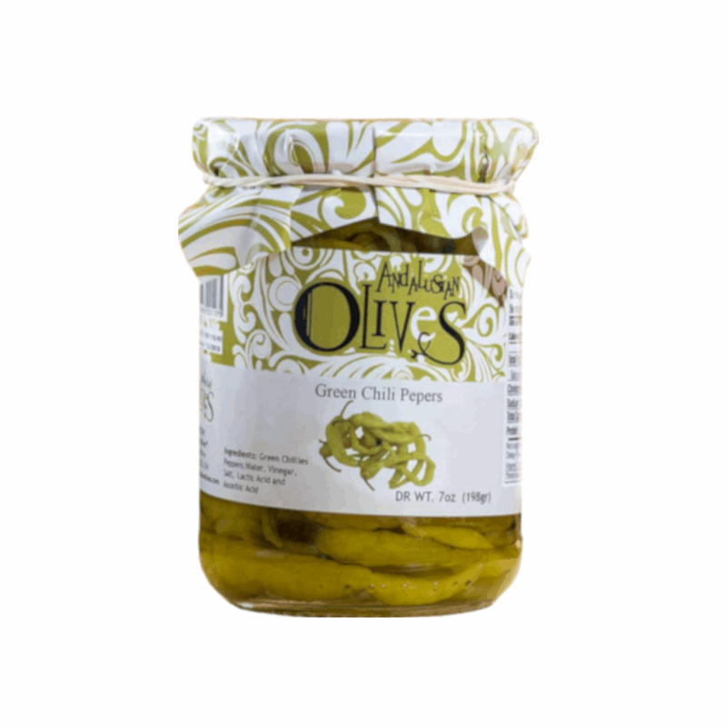 a glass jar with a label green and grey with green chili peppers inside