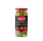 a glass jar of Green Olives Stuffed with Spicy Chorizo