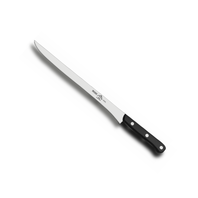 a long knife with black handle