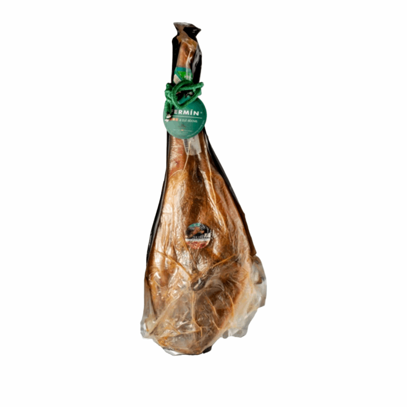 a packaged Iberian ham bone-in hanging