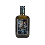 Bottle of Jan Roc koroneiki olive oil with a decorative label on a white background