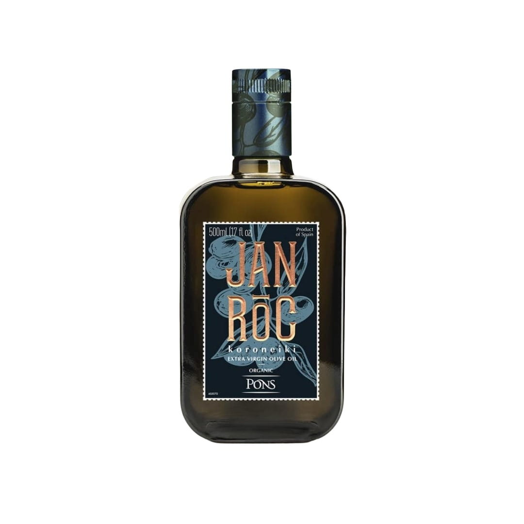 Bottle of Jan Roc koroneiki olive oil with a decorative label on a white background