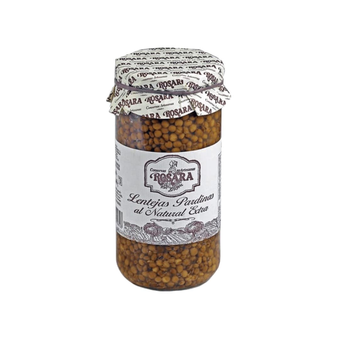 Jar of lentils with a Rosara label on a white background