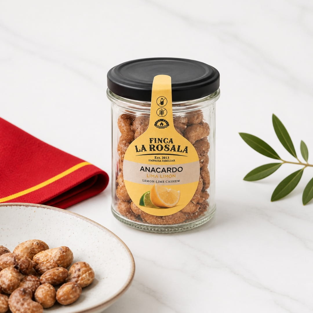 Jar of Finca La Rusala anacardo nuts on a white surface with a red napkin and green leaves.