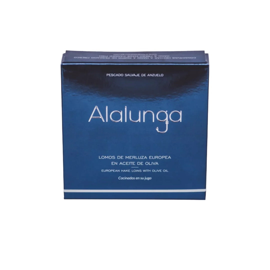 Blue packaging box with hake loins 'Alalunga' branding on a white background