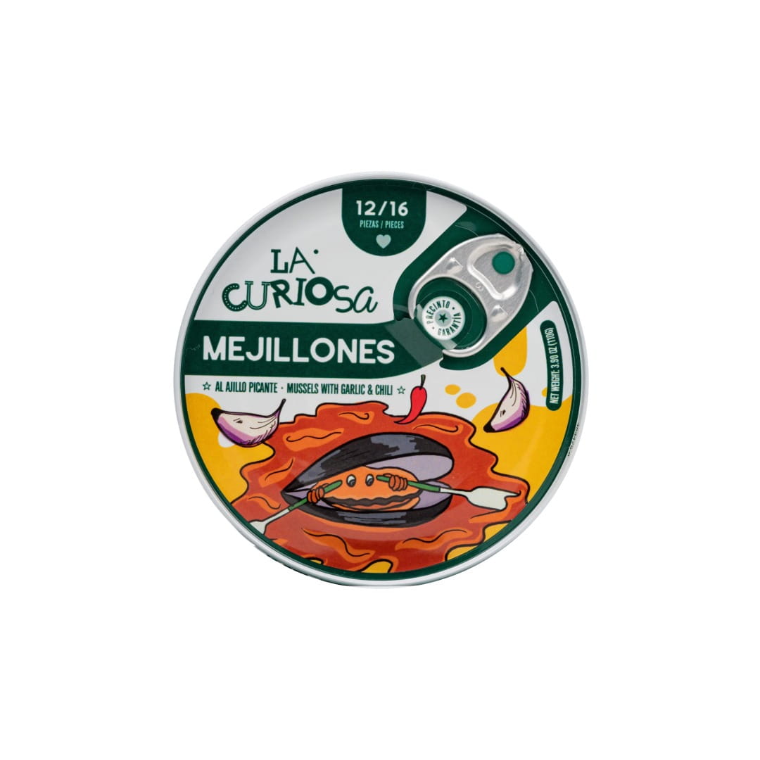 Tin of 'La Curiosa' Mejillones in garlic oil with colorful label on a white background