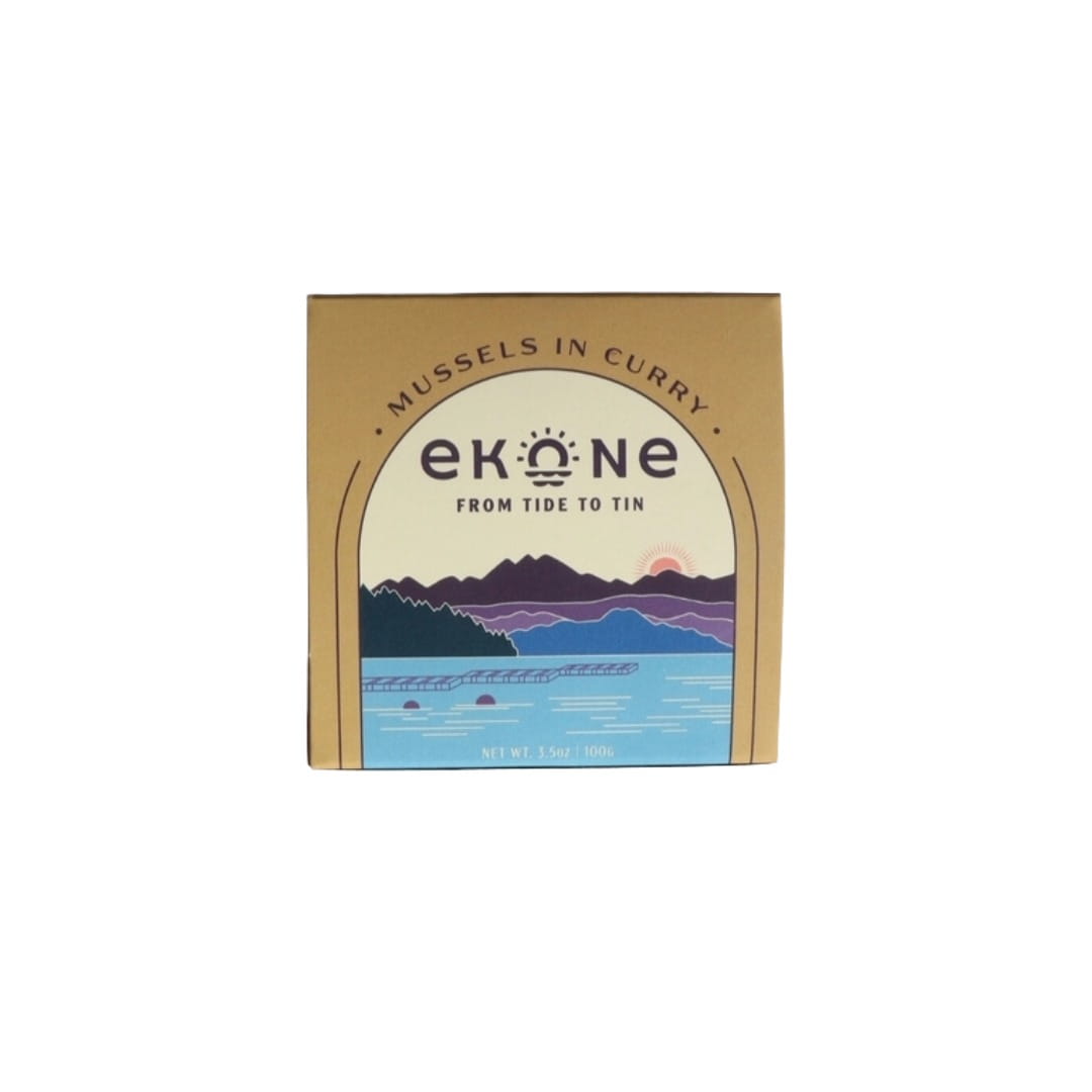 Ekone mussels in curry packaging with scenic design on a white background