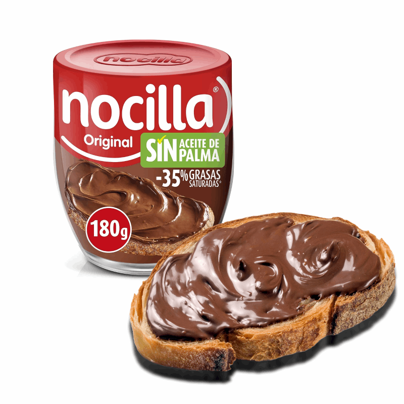 a package of Nocilla and a slice of bread with chocolate spread on top