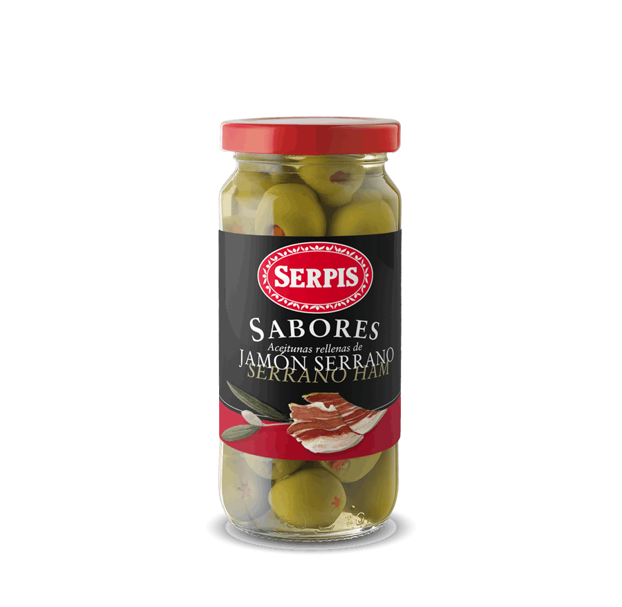 a glass jar with canned Green Olives Stuffed with Serrano Ham