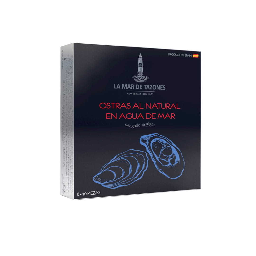Box of La Mar de Tazones oysters on a white background