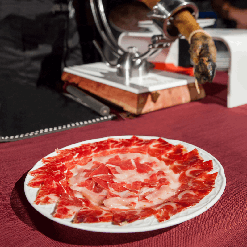 a plate with Iberian sliced ham