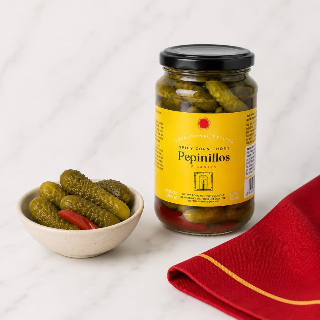 A jar of Pepinillos pickles with a yellow label and black lid stands on a white marble surface next to a small bowl of whole pickles and a folded red cloth with a gold stripe.