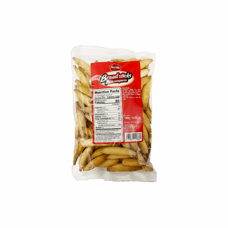 a transparent plastic bag with a red label on the front with small bread sticks inside