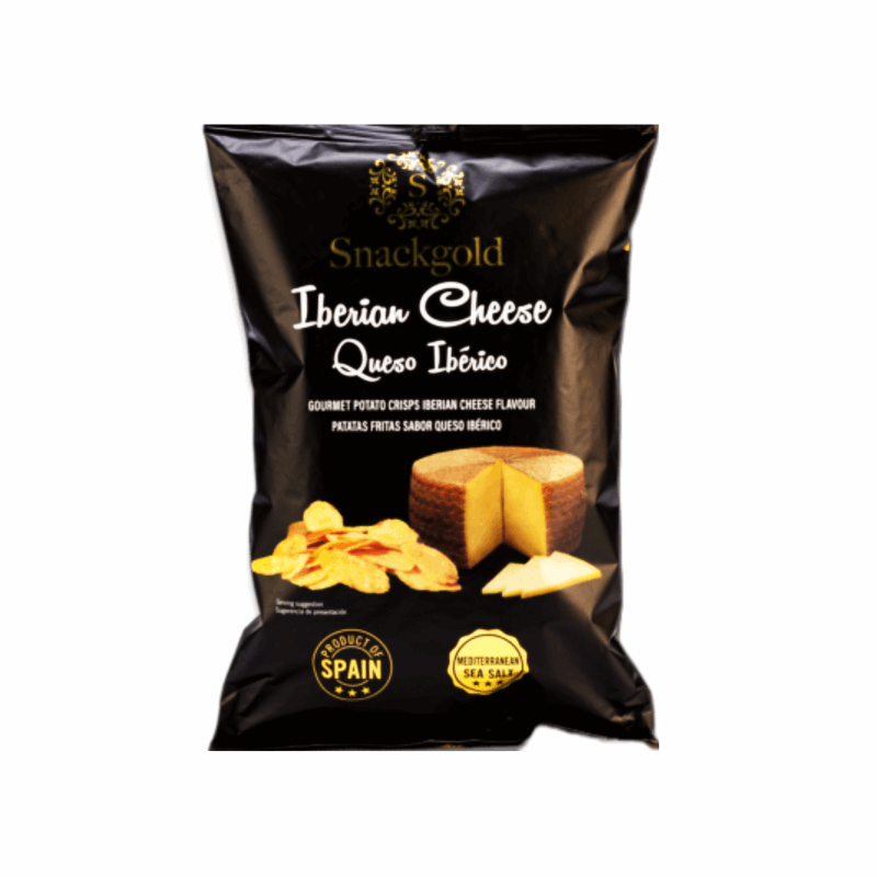 a black package of crisps with Iberian cheese