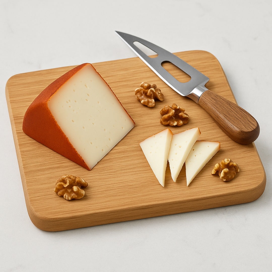 Wooden cutting board with cheese, a knife, and walnuts on a light background