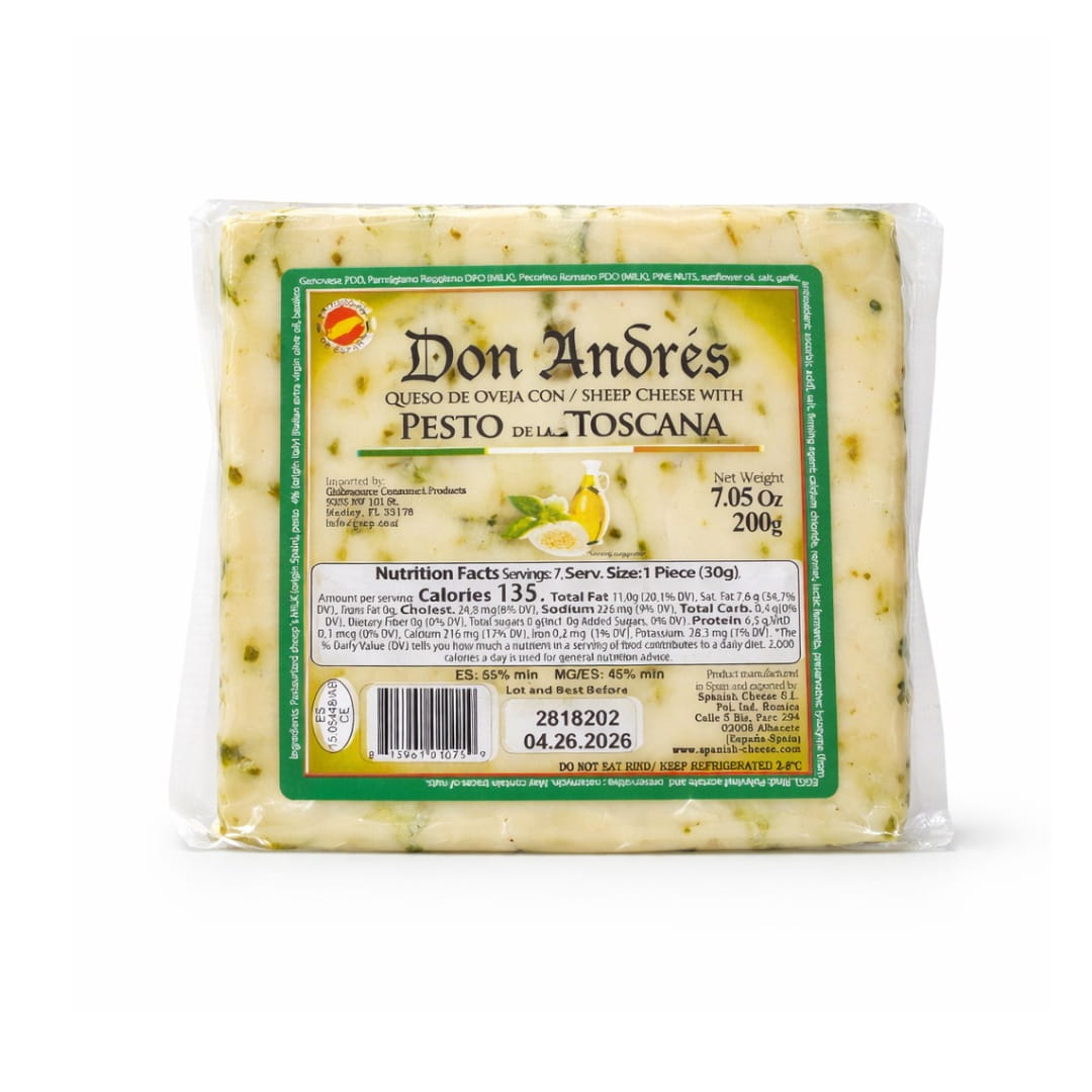 Packaged cheese with pesto by Don Andres branding on a white background
