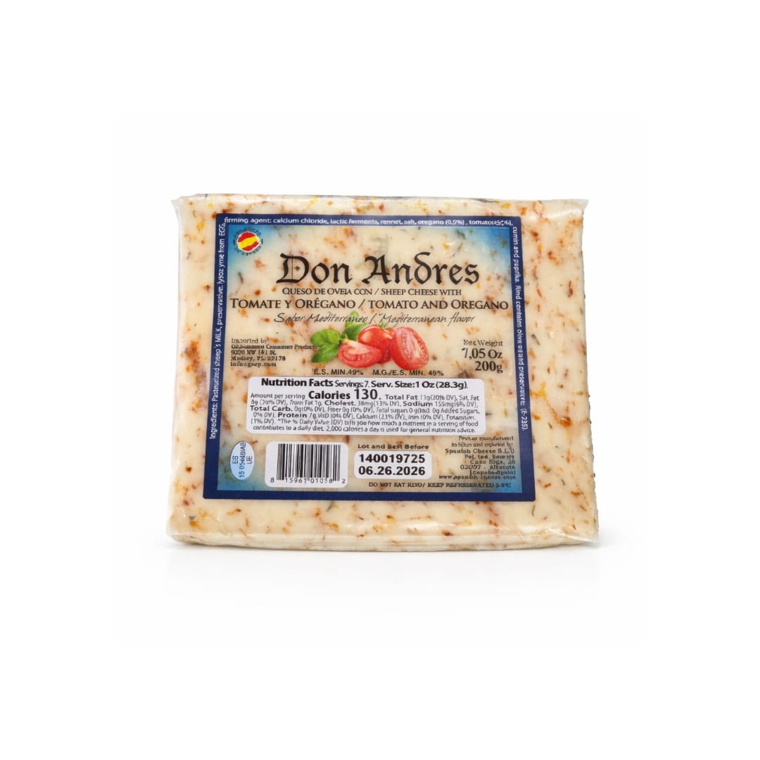 Packaged cheese with tomato and oregano Don Andres label on a white background