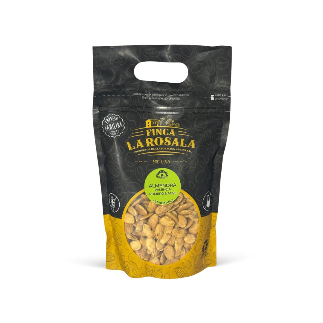 Finca La Rosala almonds with rosemary packaging with black and yellow design on a white background