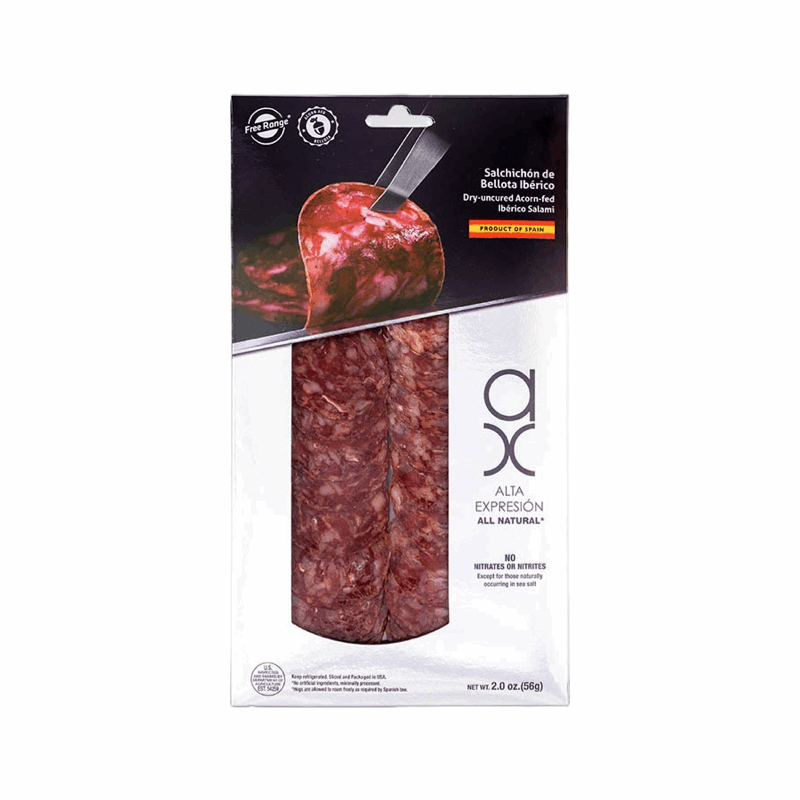 A package of sliced Spanish salchichon