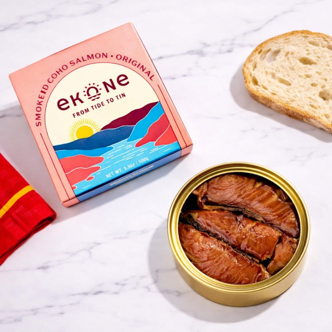 Ekone smoked coho salmon tin with packaging and bread on a marble surface
