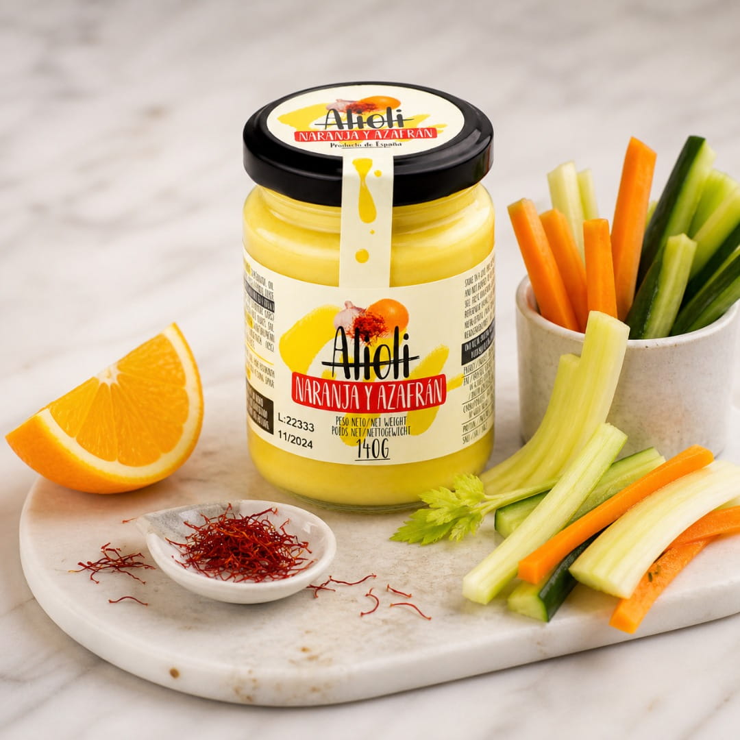 Jar of Aioli orange and saffron with vegetables and an orange on a marble surface