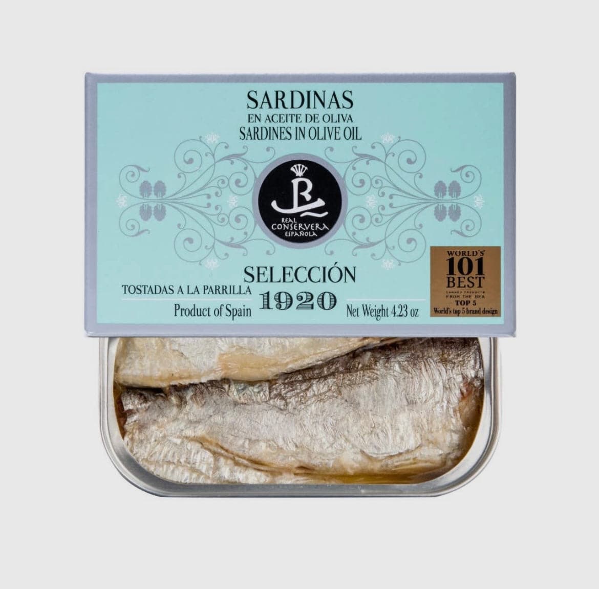 a opened can with sardines in olive oil