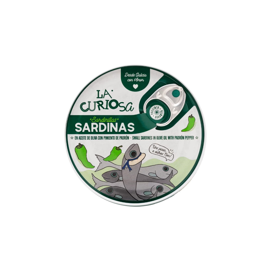 Tin of La Curiosa sardines with green and white design on a white background