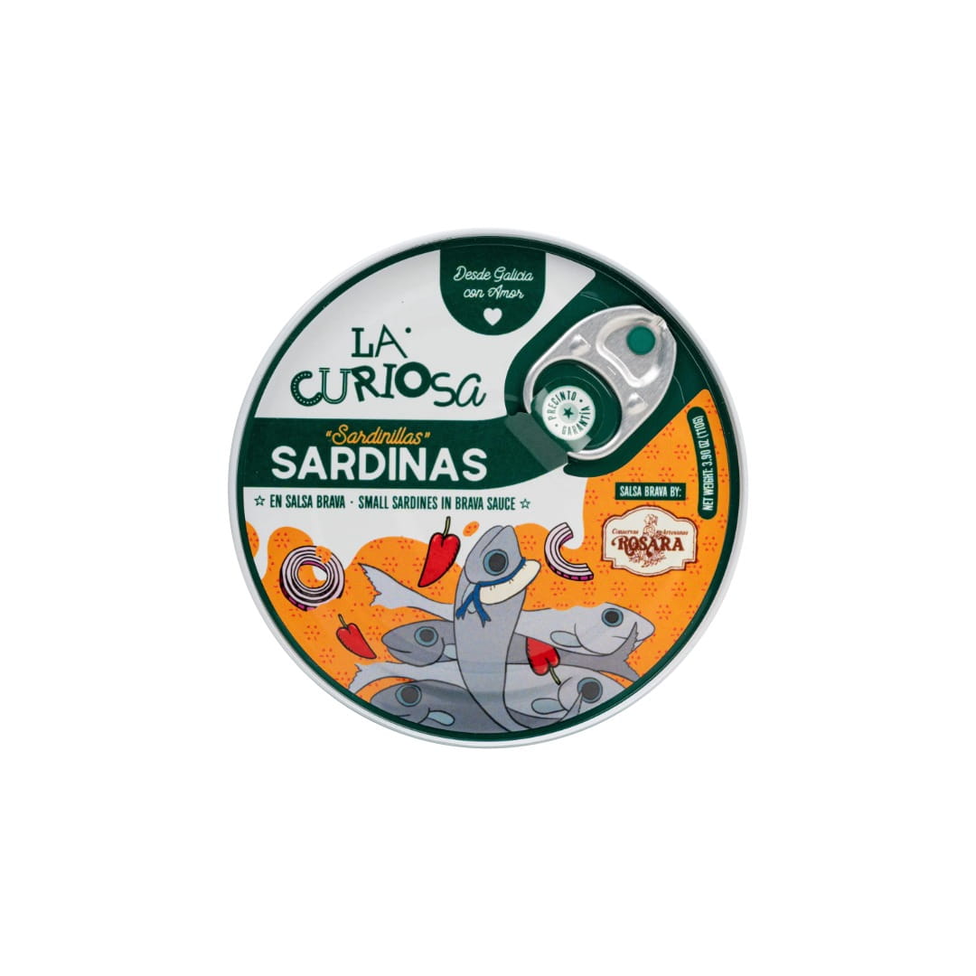 Tin of La Curiosa sardines on a white background