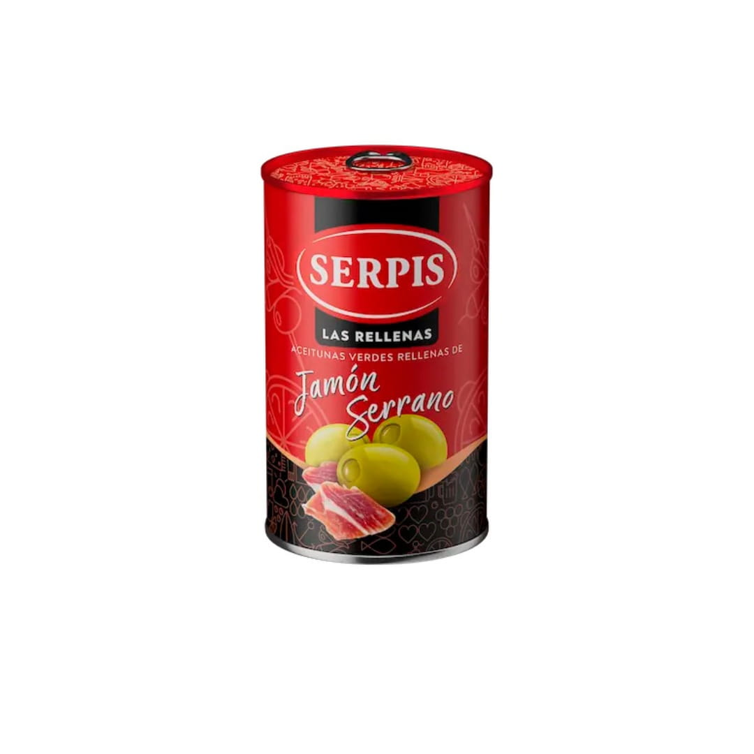 Serpis can of olives stuffed with serrano ham with a red label on a white background