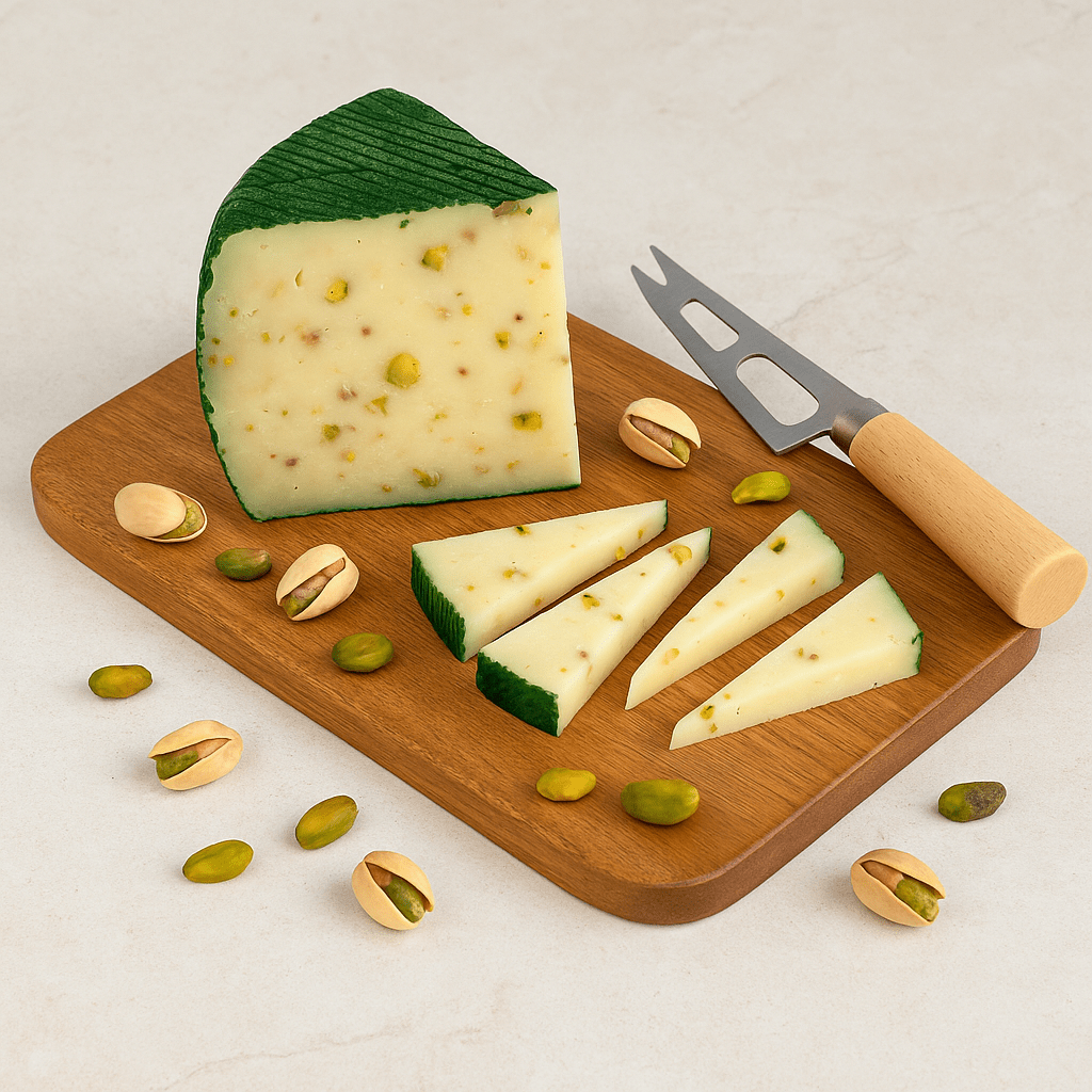 Cheese with pistachios on a wooden board with a cheese knife