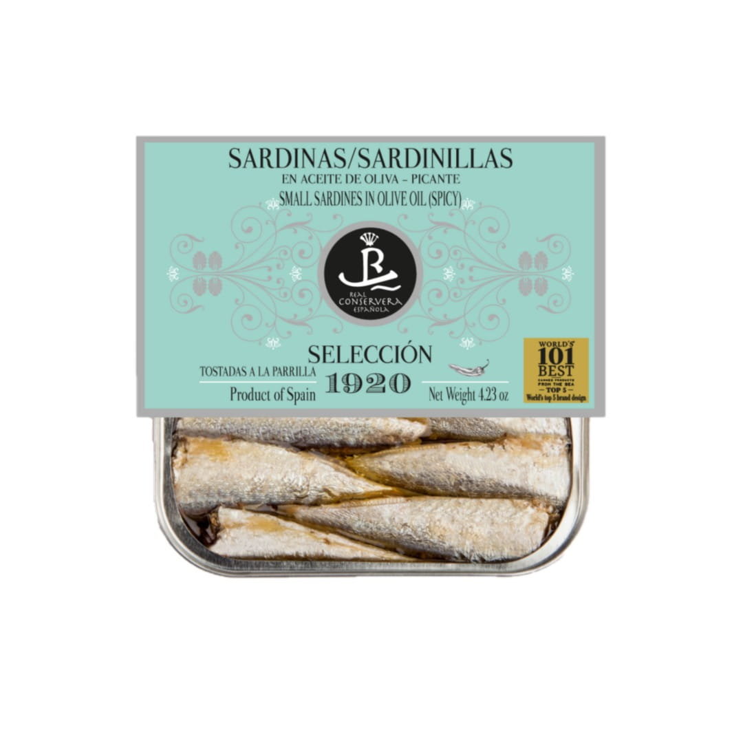 Can of sardines with a green label on a white background