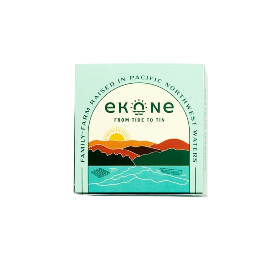 Ekone smoked oysters packaging with scenic design on a white background