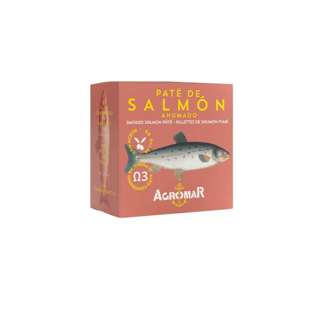Box of Agromar smoked salmon pate on a white background