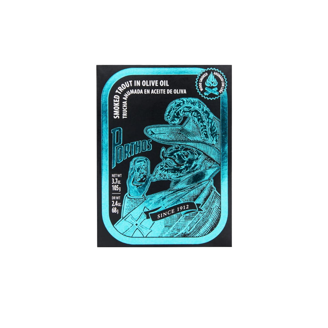 Label for smoked trout in olive oil with a stylized illustration of a fisherman and text.