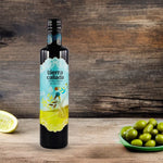 a bottle of extra virgin olive oil and a bowl with green olives